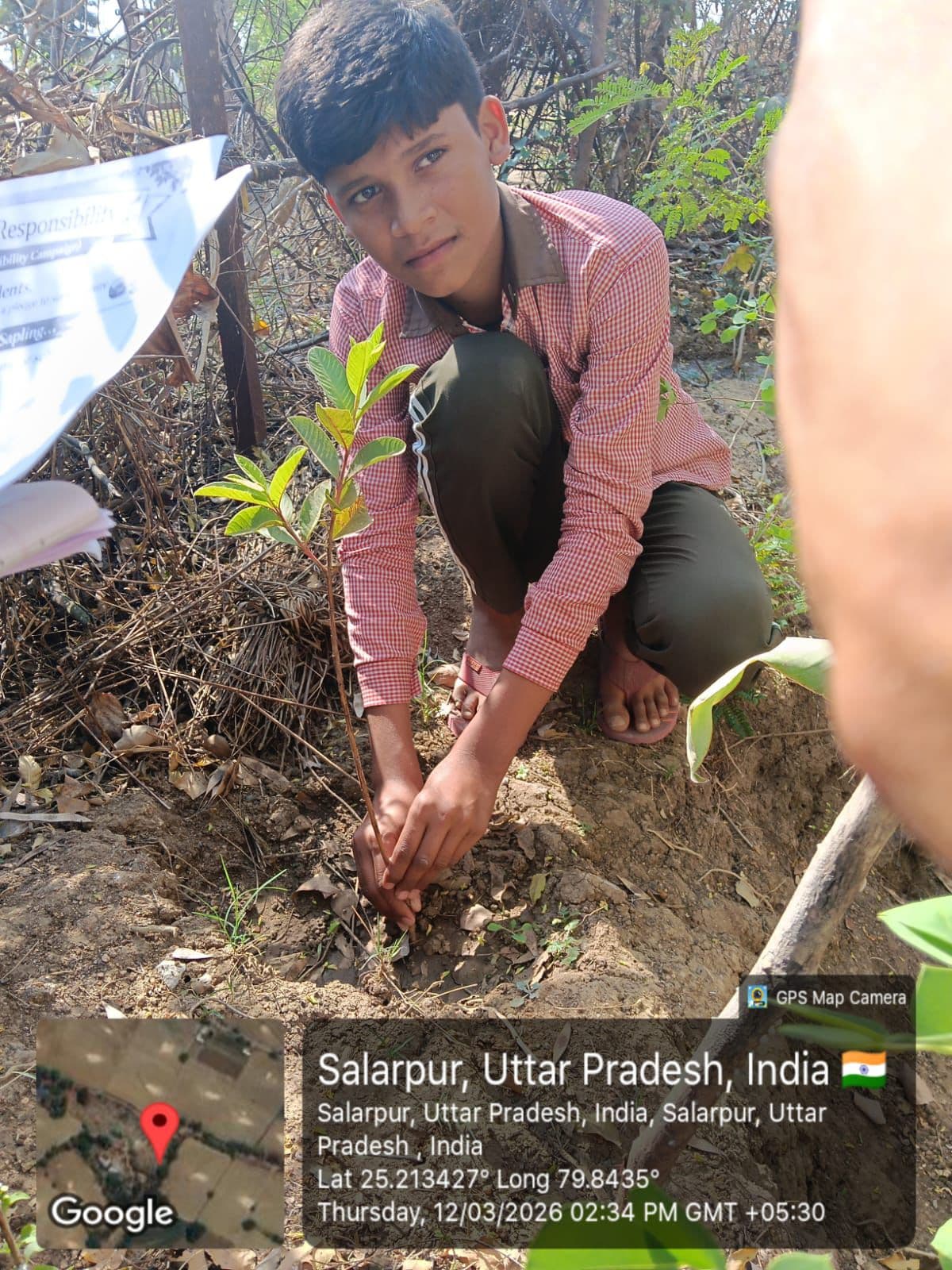 “My Plant, My Responsibility” — a student plants and adopts a sapling at Salarpur, Uttar Pradesh. Every planting is GPS-stamped so survival can be tracked.