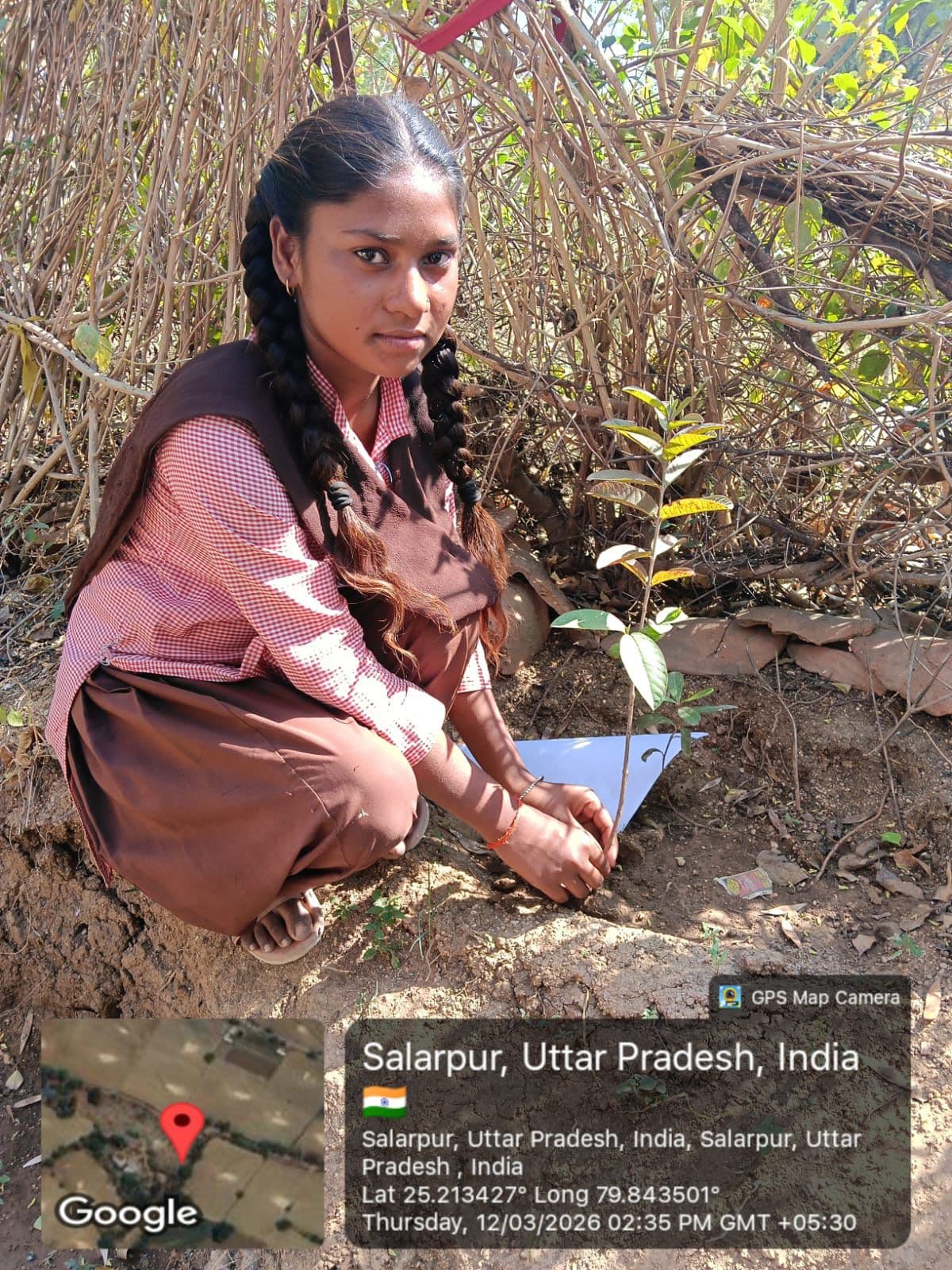 “My Plant, My Responsibility” — a student plants and adopts a sapling at Salarpur, Uttar Pradesh. Every planting is GPS-stamped so survival can be tracked.